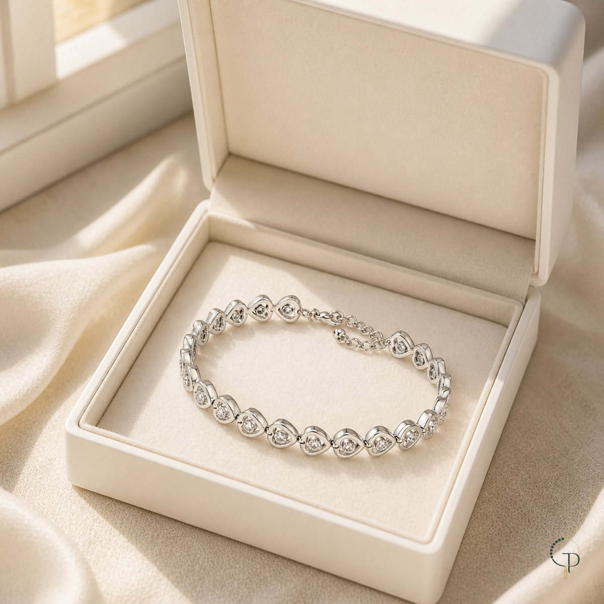 Silver-color heart link bracelet displayed in an unbranded ivory box