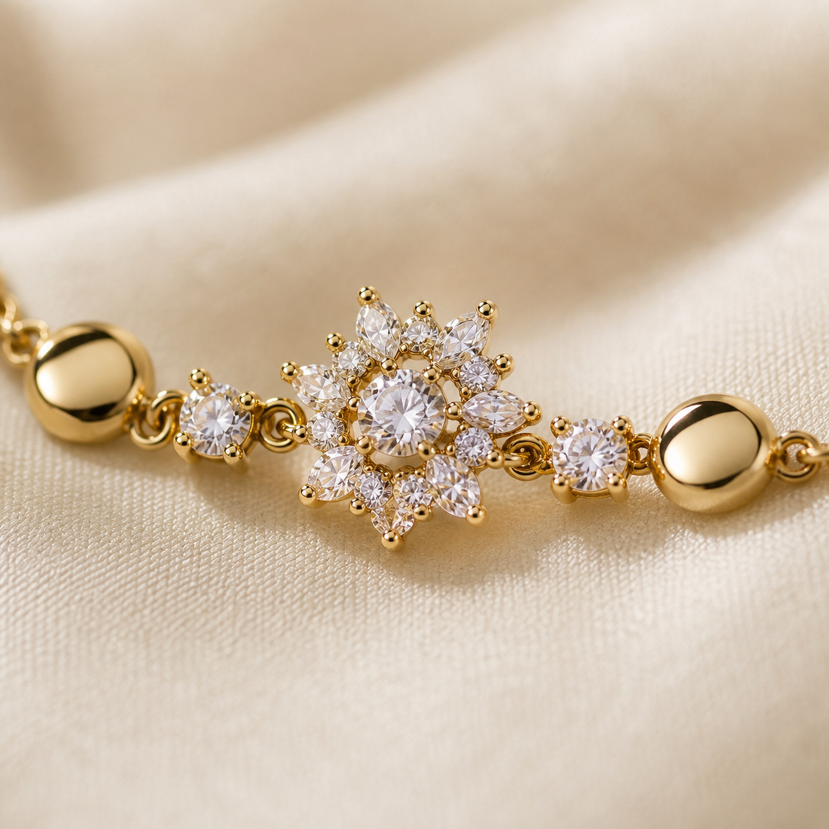 Close view of the snowflake center and round clear stone