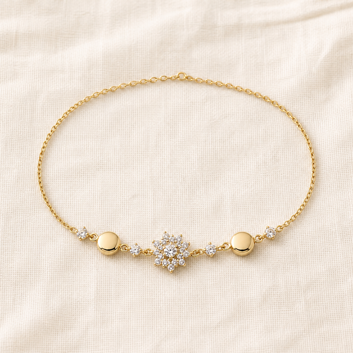 Snowflake station bracelet arranged on warm ivory linen