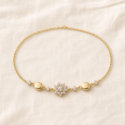 Snowflake station bracelet arranged on warm ivory linen