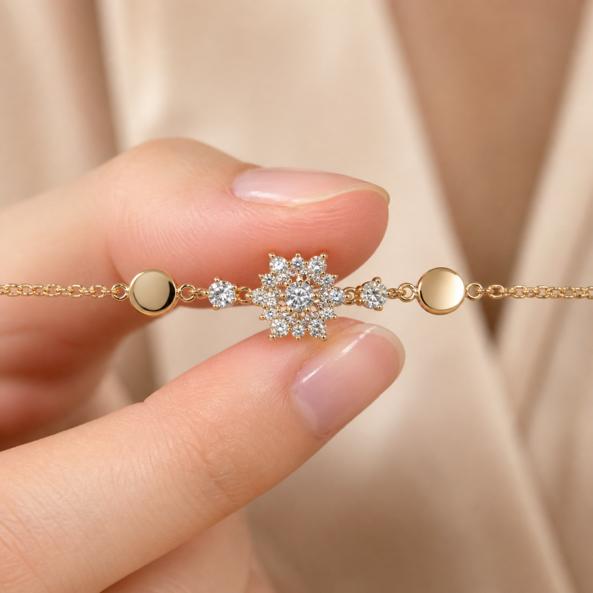 Hand holding the snowflake bracelet for visual scale