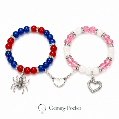 Spider and heart two-piece magnetic friendship bracelet set on white