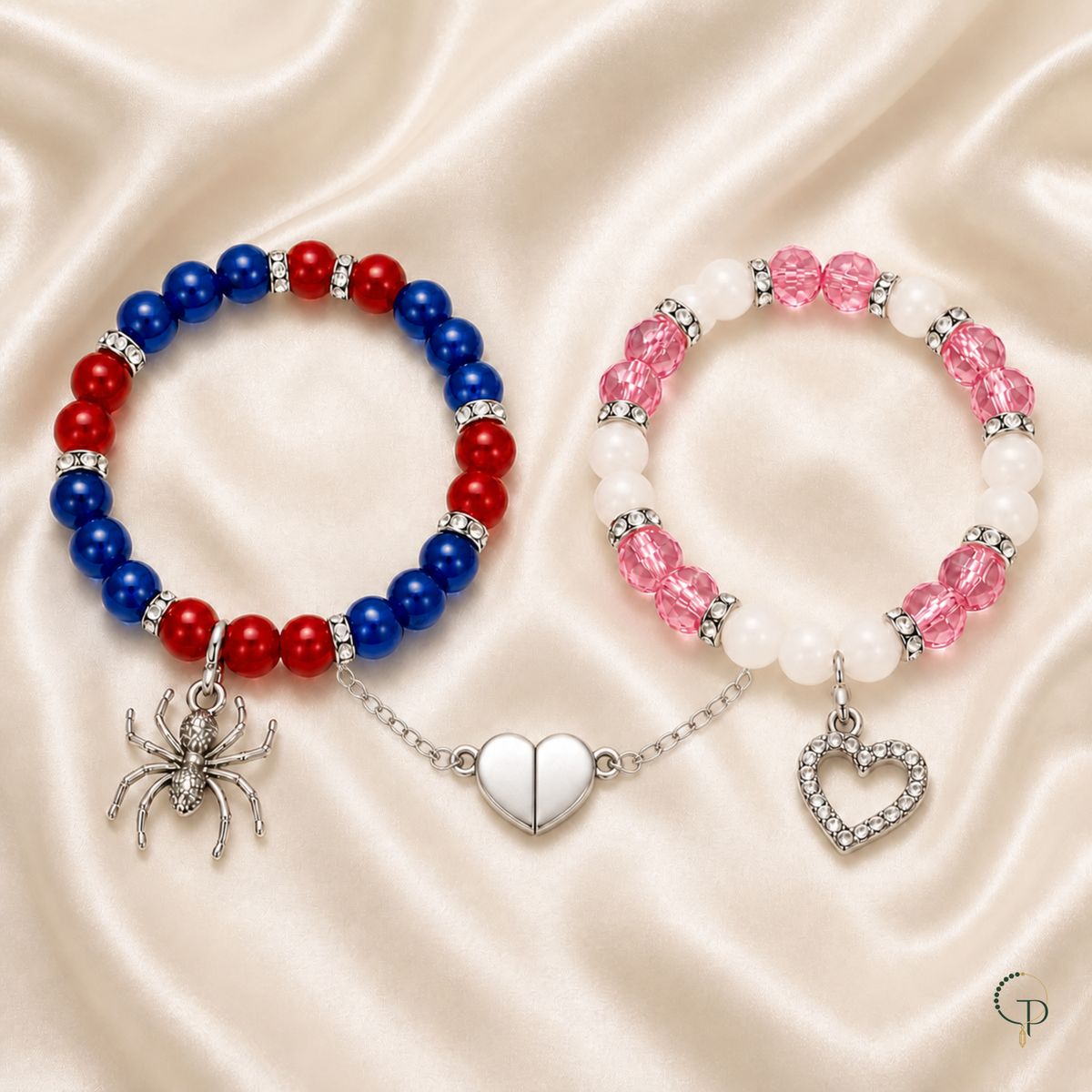 Red-blue and pink-white matching bracelets arranged on cream silk