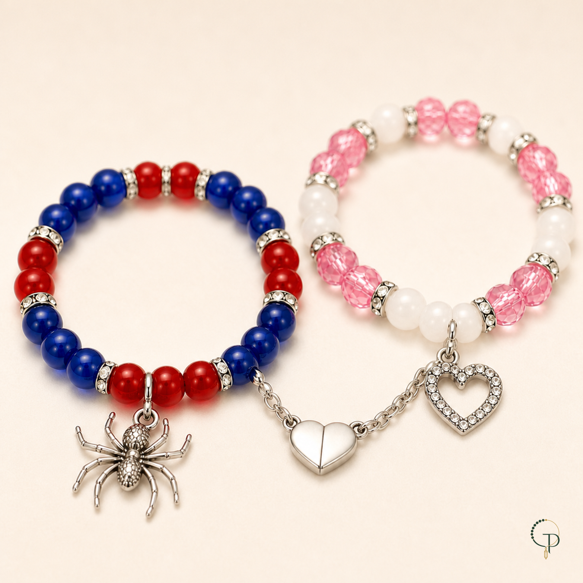 Spider charm bracelet detail with connected magnetic heart and matching bracelet