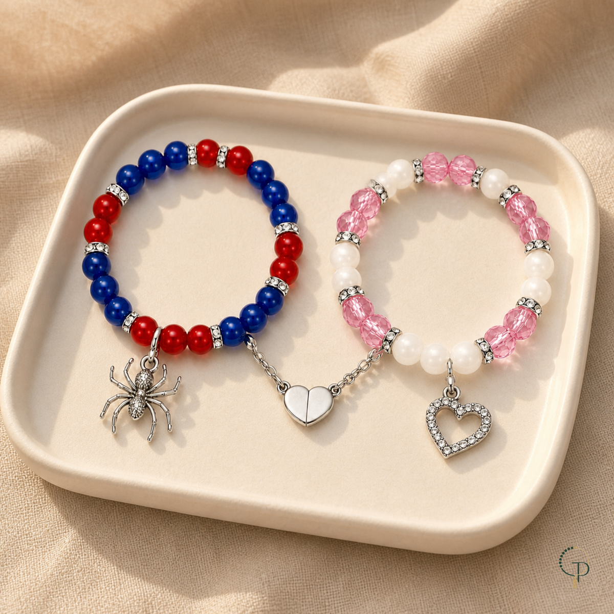 Spider and heart magnetic bracelet pair displayed on an ivory tray