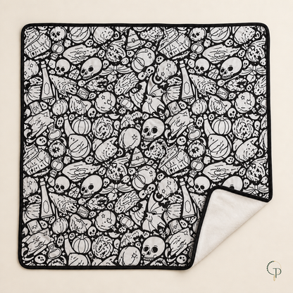 Full double-layer spooky coloring blanket with the soft reverse side visible