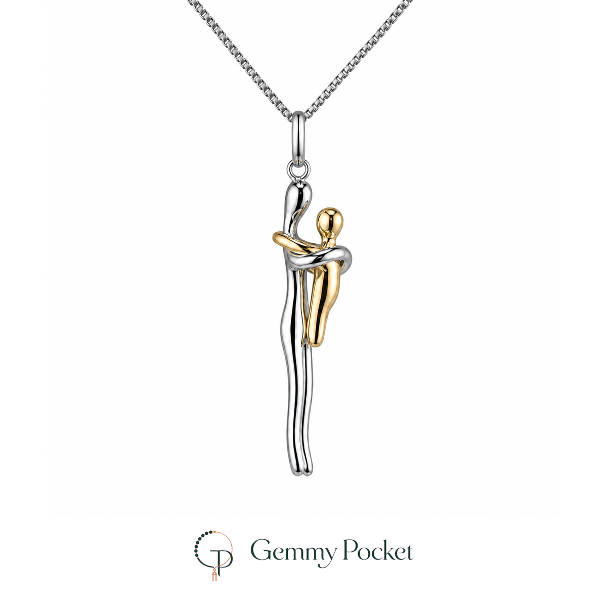 Two-tone embrace figure pendant necklace on a white studio background