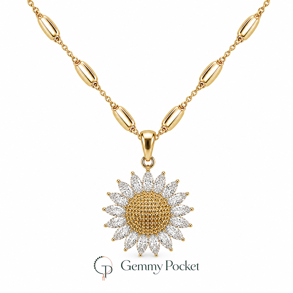 Two-tone sunflower pendant necklace with clear petal-shaped stones on a white background