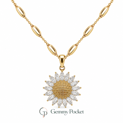 Two-tone sunflower pendant necklace with clear petal-shaped stones on a white background