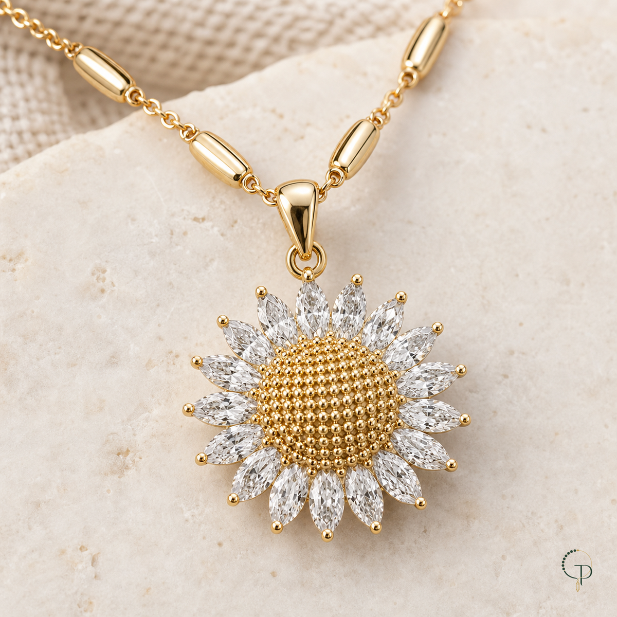 Close view of clear radiating petals and textured gold-color sunflower center