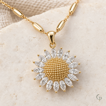 Close view of clear radiating petals and textured gold-color sunflower center