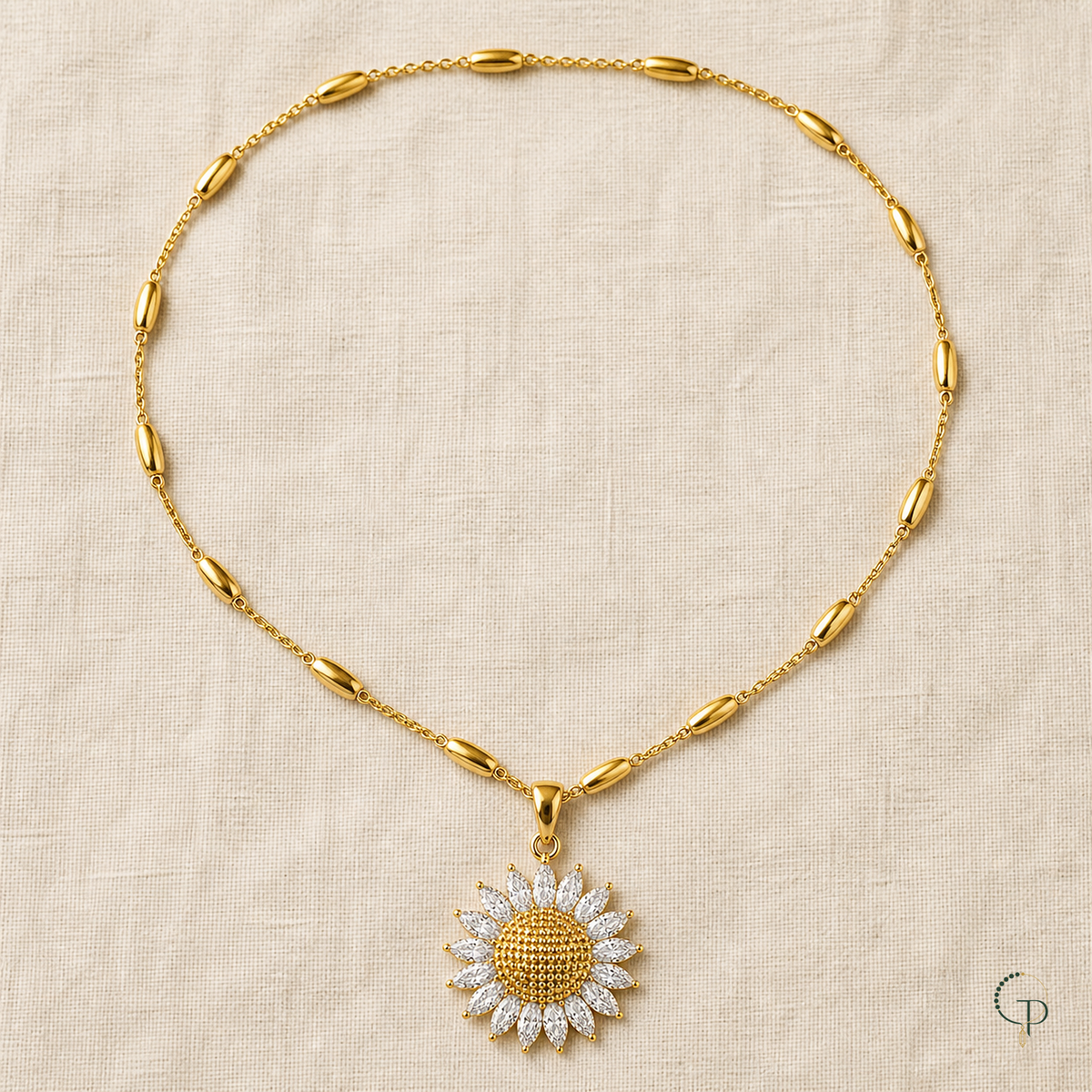 Full sunflower pendant necklace arranged on warm cream linen