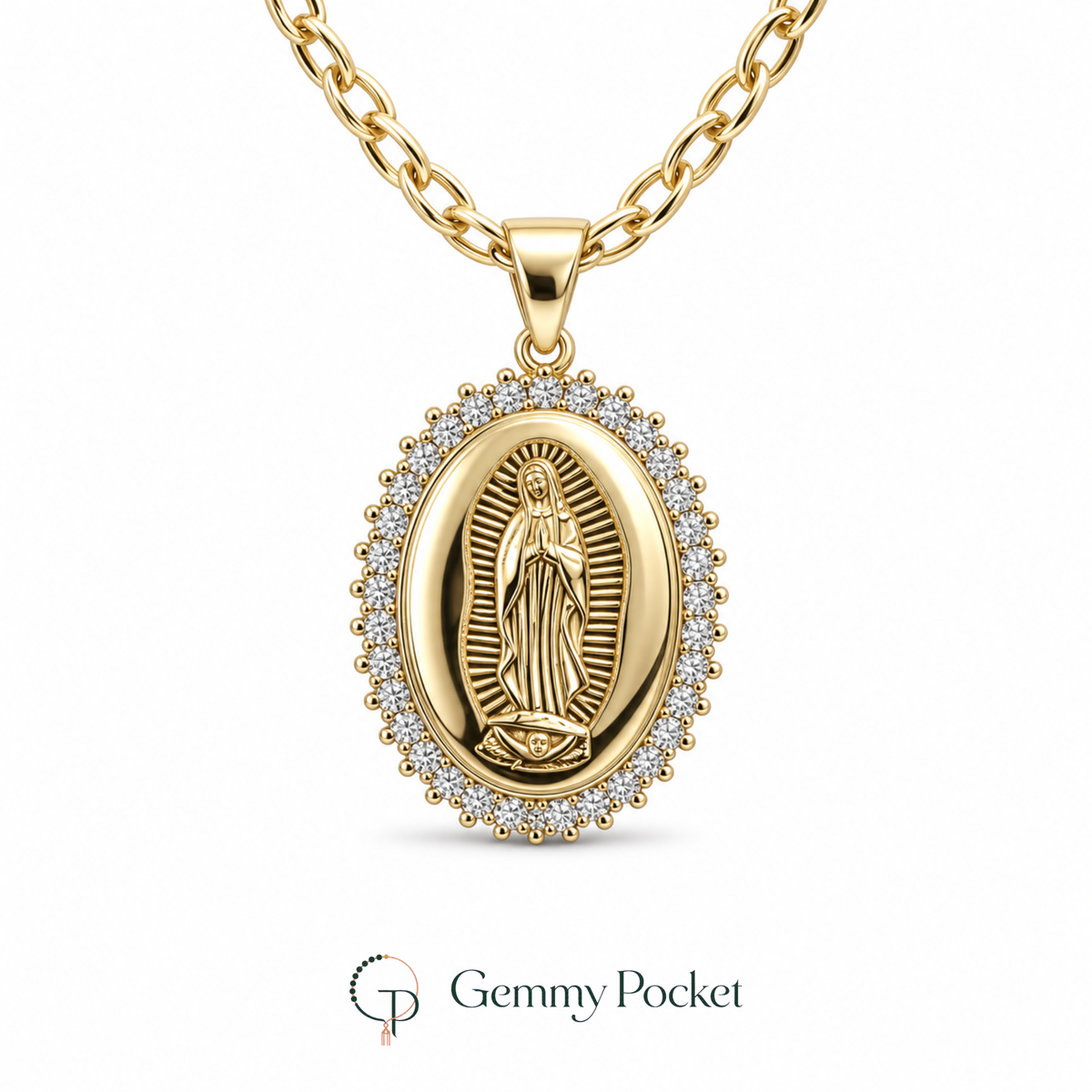 Gold-tone Virgin of Guadalupe halo medallion necklace on a white background