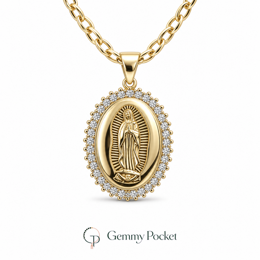 Gold-tone Virgin of Guadalupe halo medallion necklace on a white background