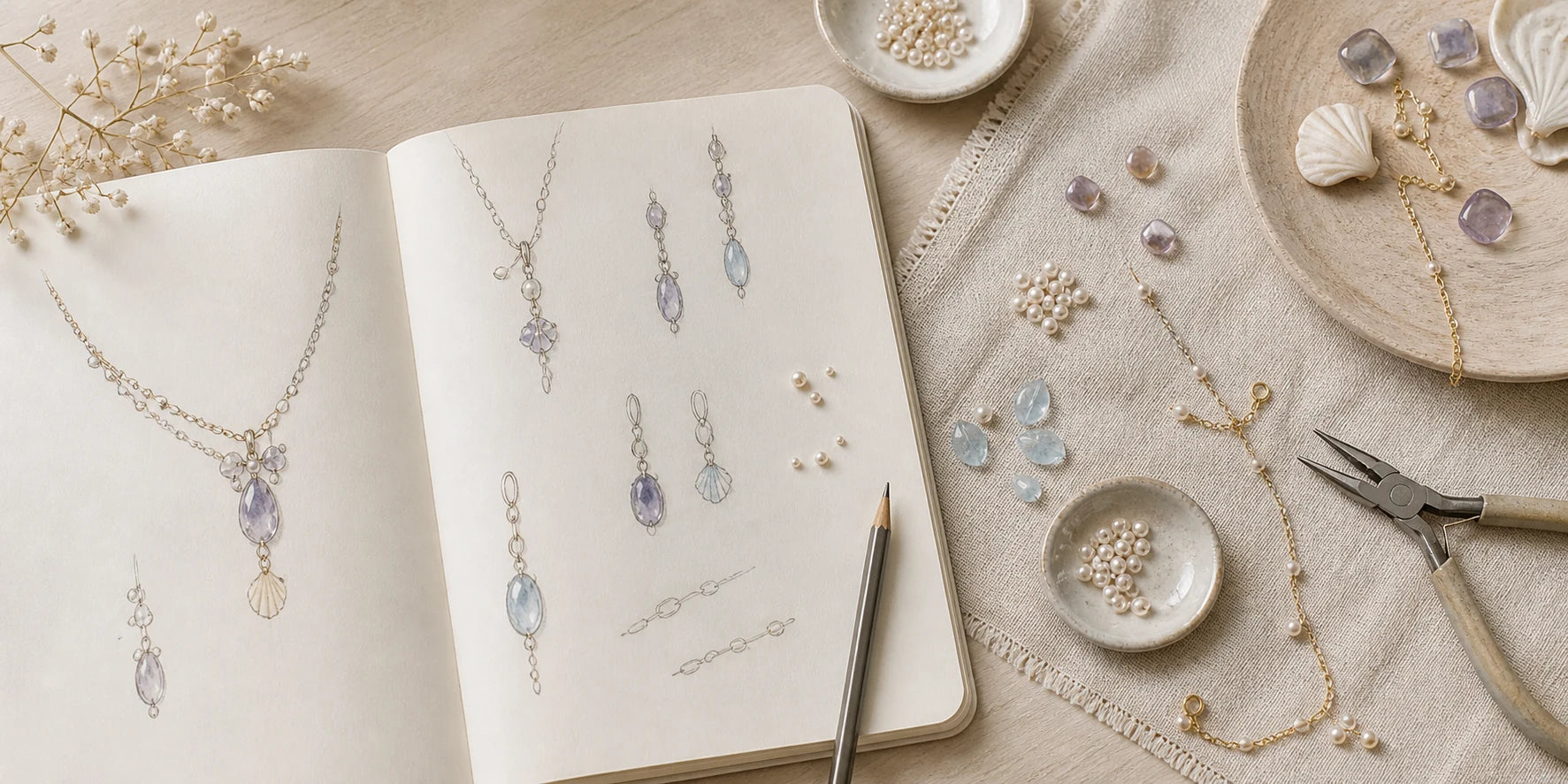 Gemmy Pocket jewelry sketches, crystals, pearls and tiny charms