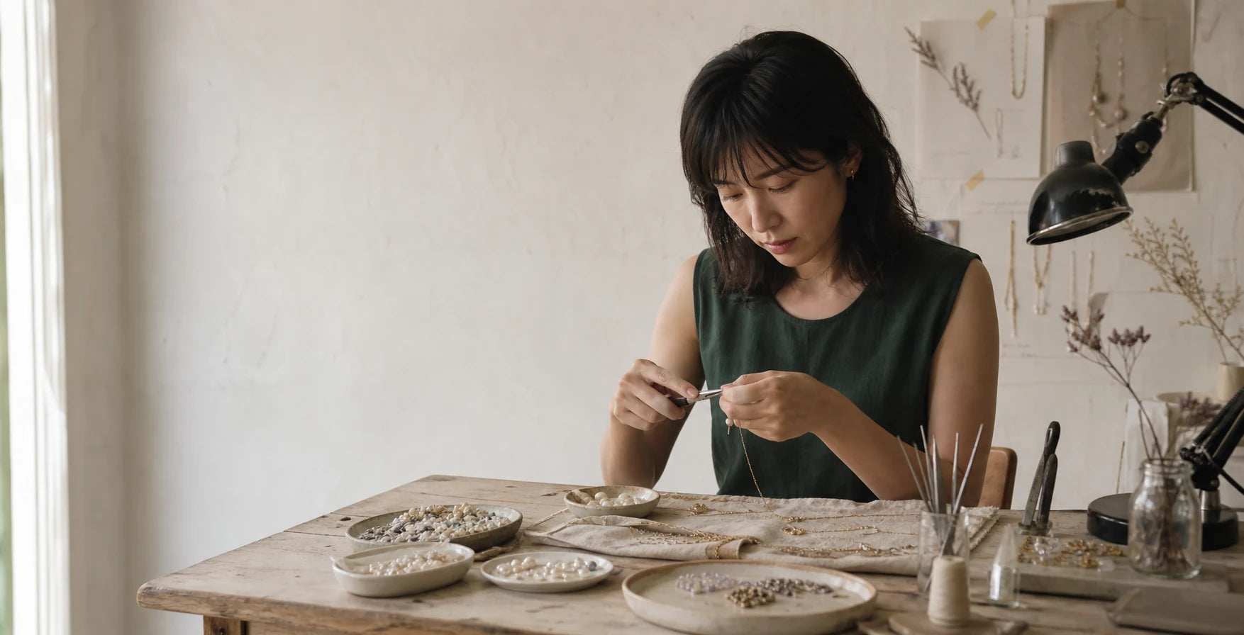 Gemmy Pocket designer assembling jewelry at her studio workbench
